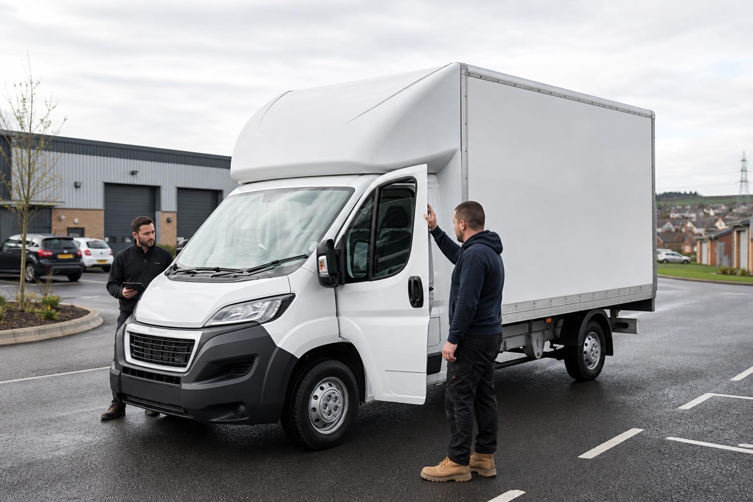 White Luton box van being checked during a handover in a tidy industrial area near Bathgate
