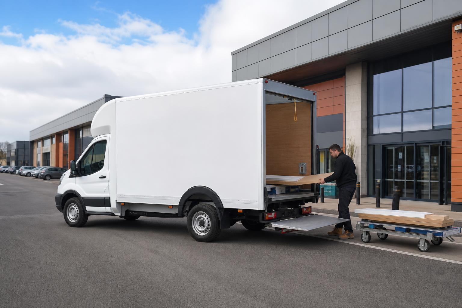 White Luton box van loading goods in a clean retail park setting in Livingston